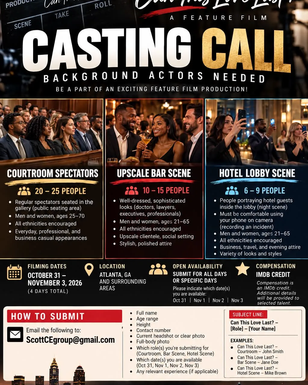 Casting call flyer for the feature film Can This Love Last?, seeking background actors in Atlanta