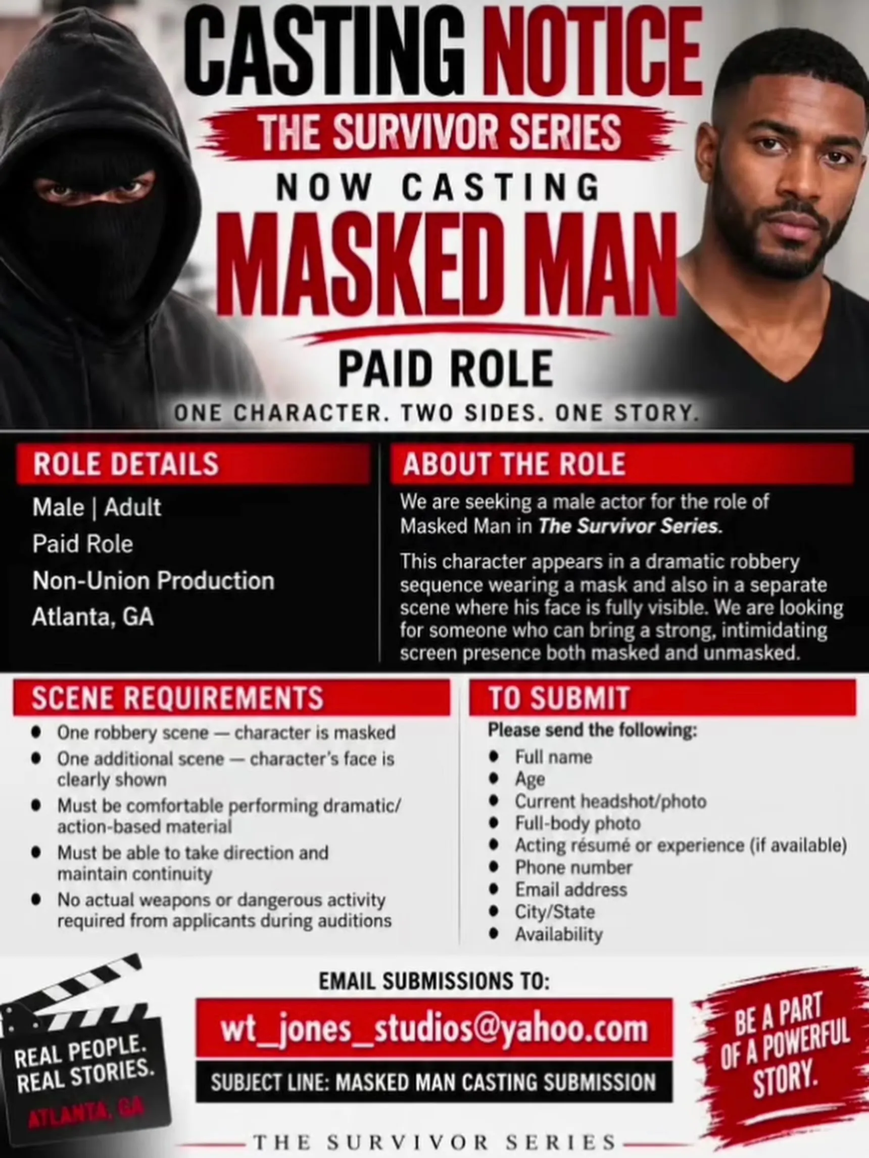 The Survivor Series casting call flyer for the paid role Masked Man by WT Jones Studios