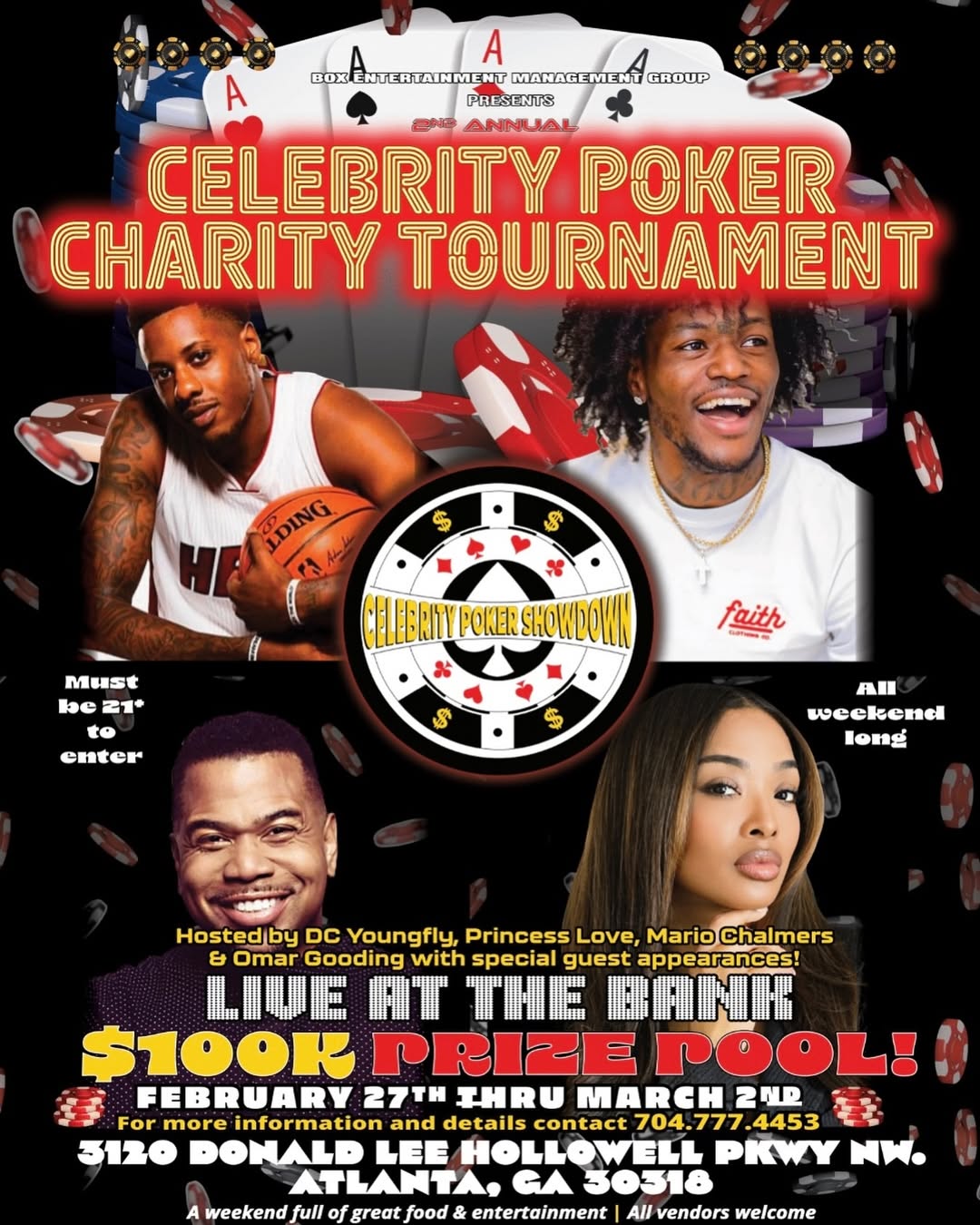 Flyer Graphic for Celebrity Poker Charity Tournament in Atlanta February 2025