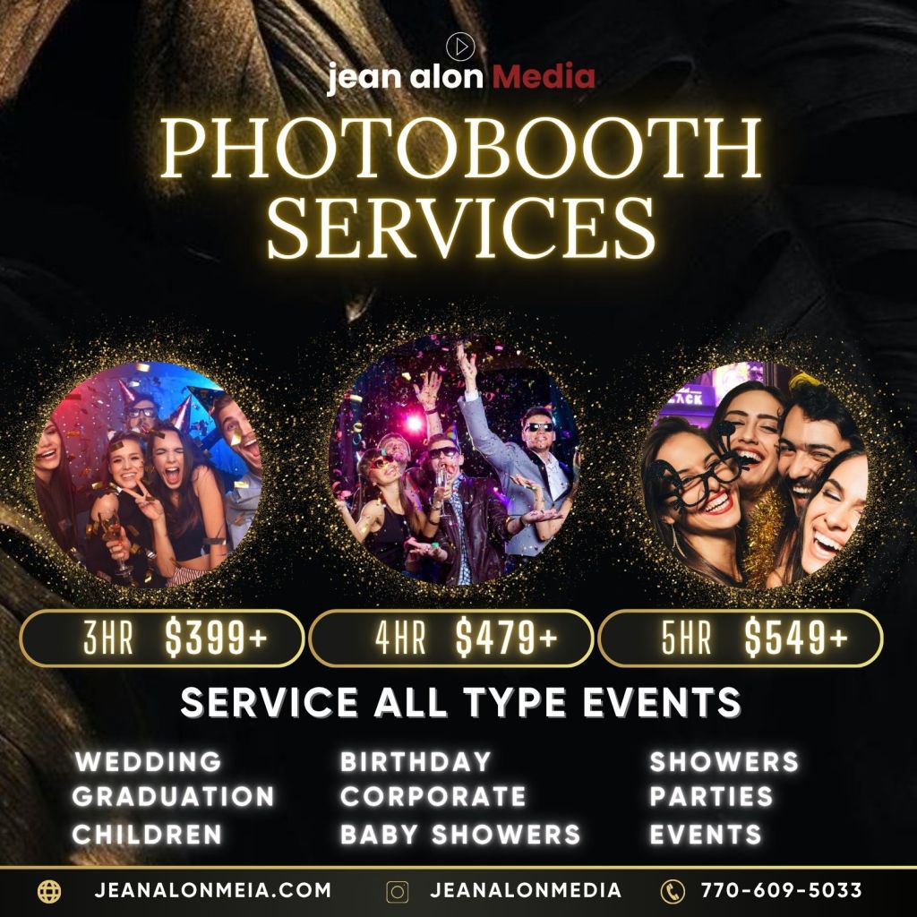 Promotional image for Jean Alon Media's photobooth services, featuring a collage of party scenes and pricing details for different rental durations.