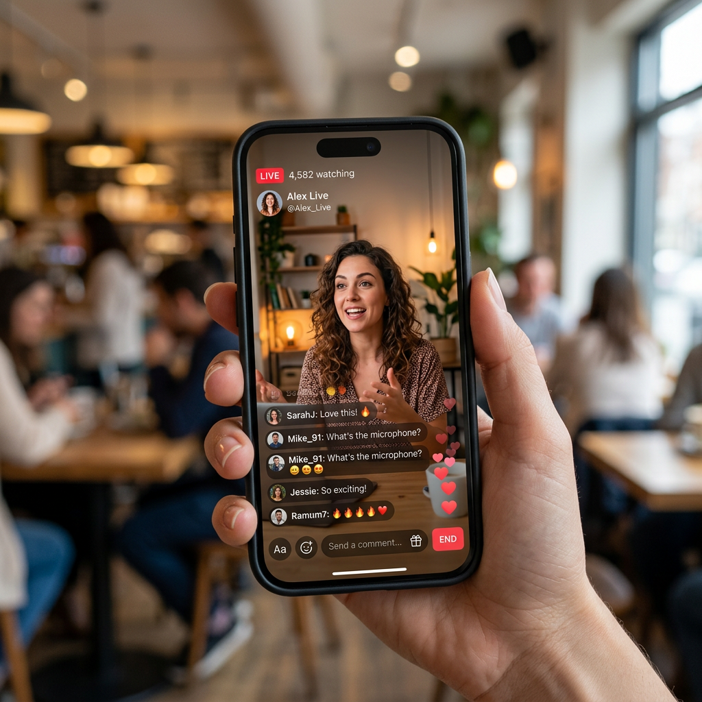 Live stream screen showing woman talking with real-time viewer comments and reactions